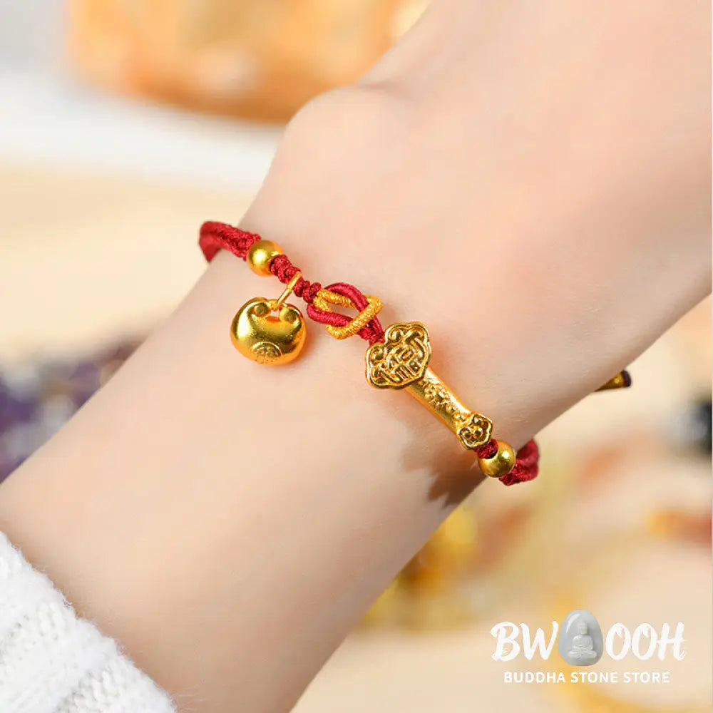 Buddha Stones Red String Fu Character Ingot Ruyi Stick Luck Braided Bracelet - BWOOOH - Red String (Wrist