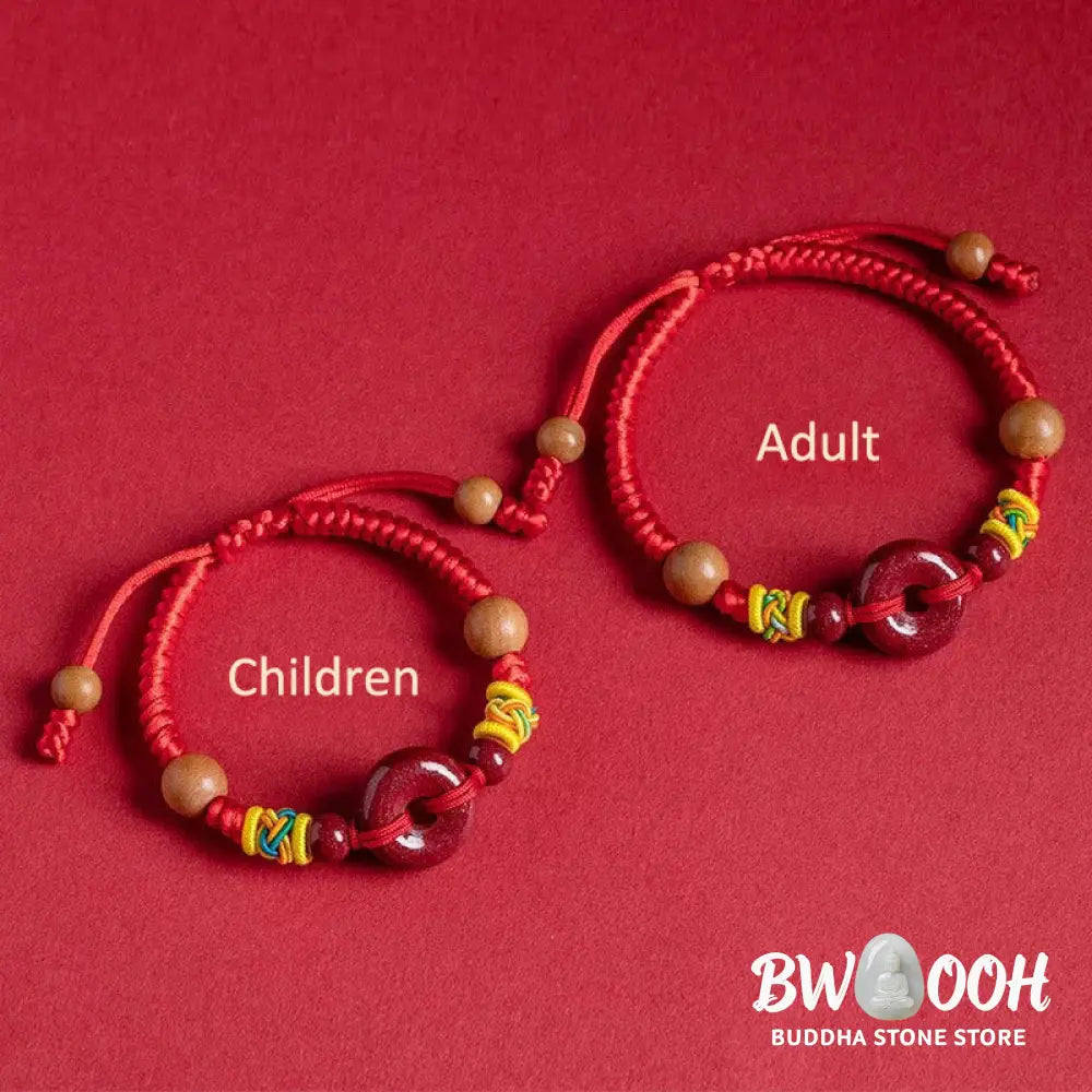 Buddha Stones Red String Peach Wood Peace Buckle Cinnabar Protection Adult Kid Bracelet - Bracelet
