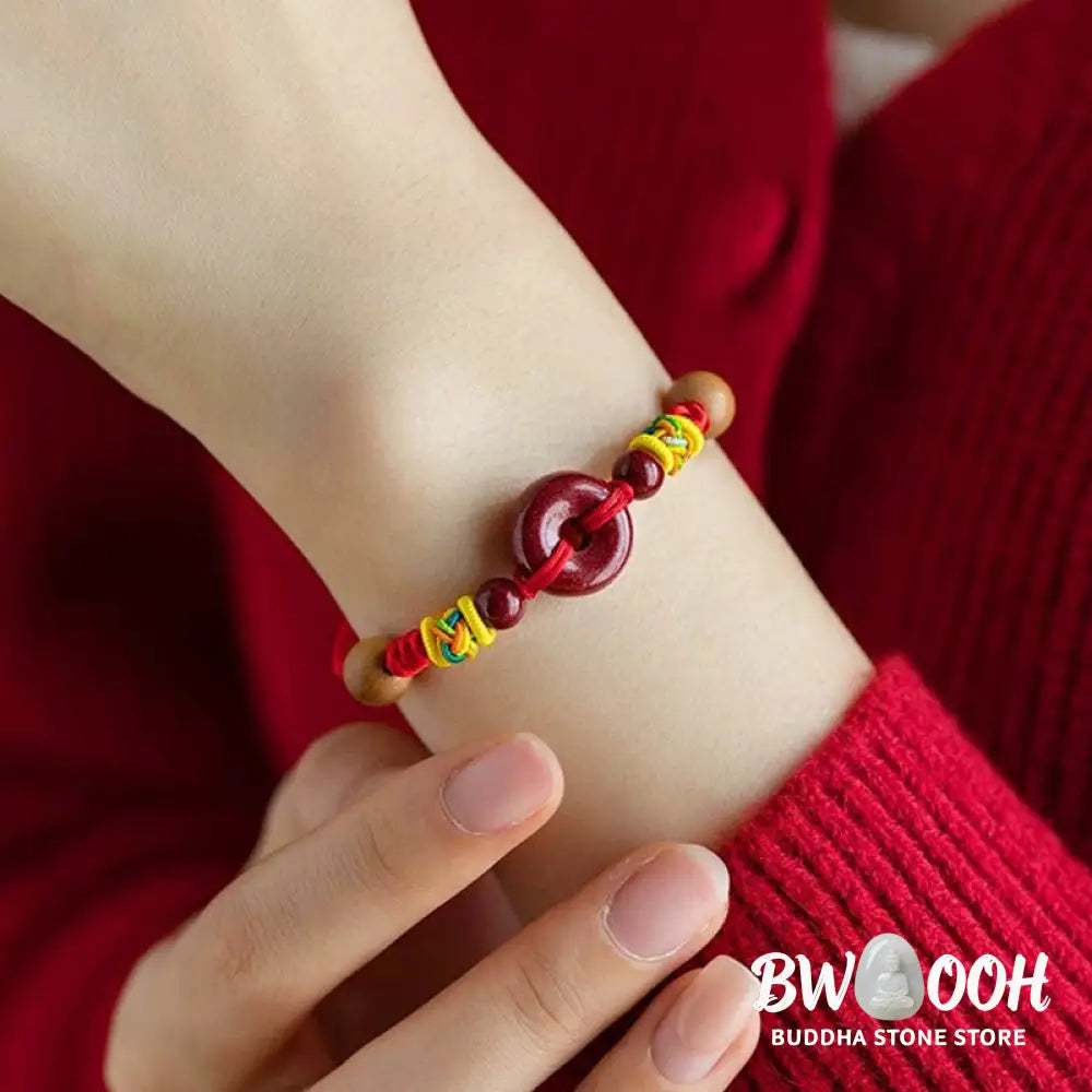 Buddha Stones Red String Peach Wood Peace Buckle Cinnabar Protection Adult Kid Bracelet - Bracelet