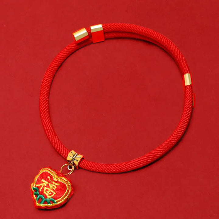 Buddha Stones Red String Plaited Embroidery Tiger Fu Character Protection Adjustable Cats Dogs Pet Collar - Fu