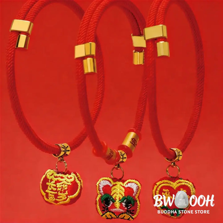 Buddha Stones Red String Plaited Embroidery Tiger Fu Character Protection Adjustable Cats Dogs Pet Collar - Pet Collar