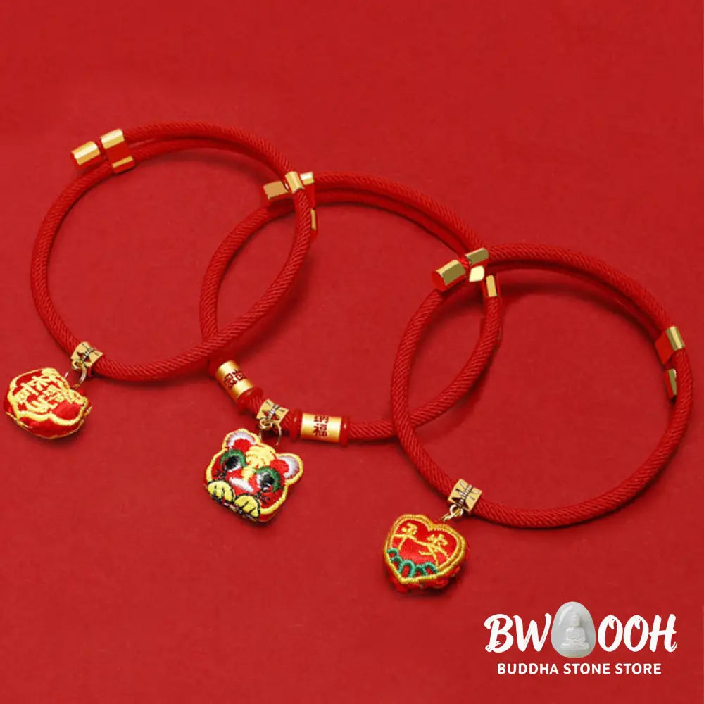 Buddha Stones Red String Plaited Embroidery Tiger Fu Character Protection Adjustable Cats Dogs Pet Collar - Pet Collar