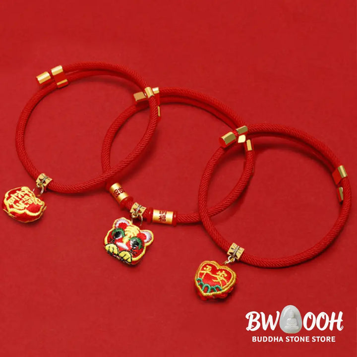 Buddha Stones Red String Plaited Embroidery Tiger Fu Character Protection Adjustable Cats Dogs Pet Collar - Pet Collar