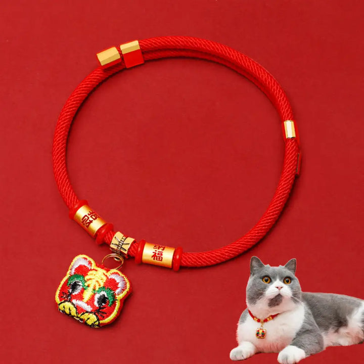 Buddha Stones Red String Plaited Embroidery Tiger Fu Character Protection Adjustable Cats Dogs Pet Collar - Lucky