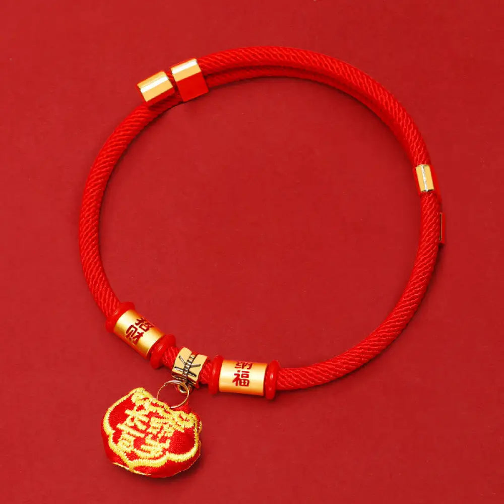 Buddha Stones Red String Plaited Embroidery Tiger Fu Character Protection Adjustable Cats Dogs Pet Collar - Lucky