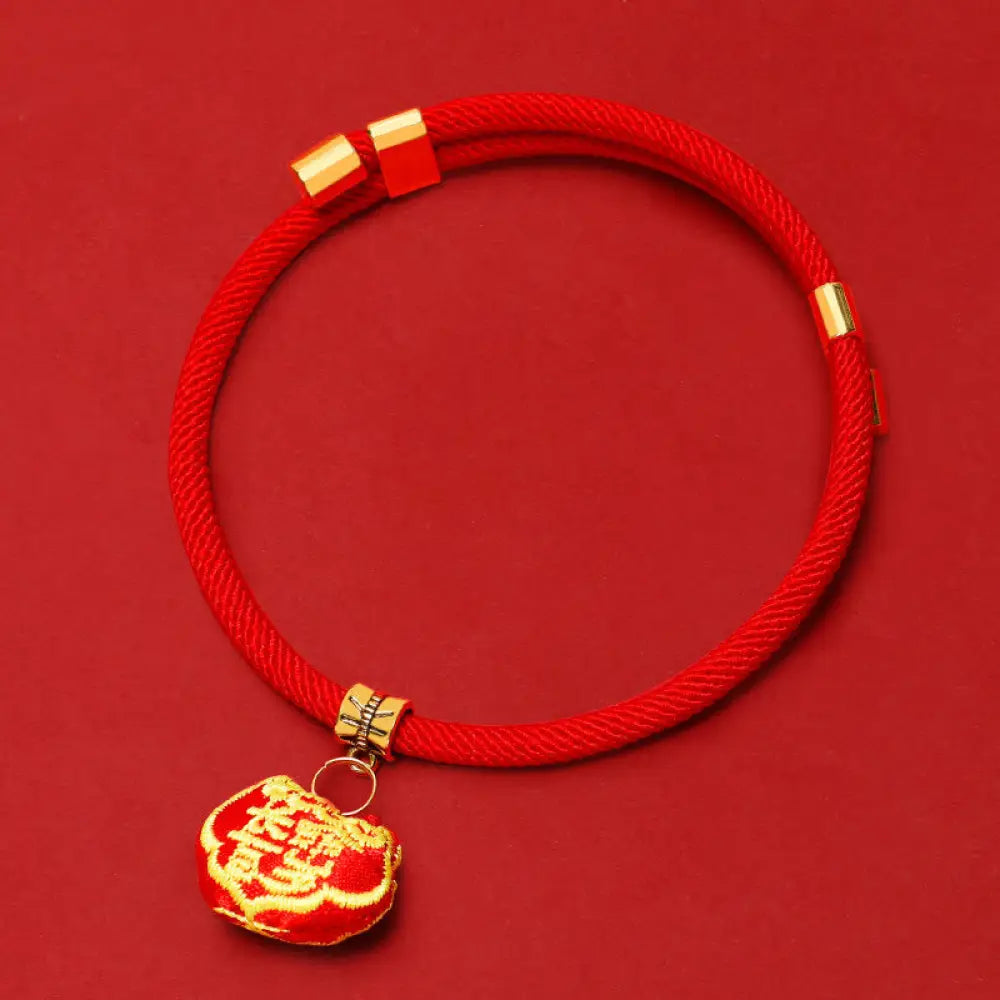 Buddha Stones Red String Plaited Embroidery Tiger Fu Character Protection Adjustable Cats Dogs Pet Collar - Ruyi Lock