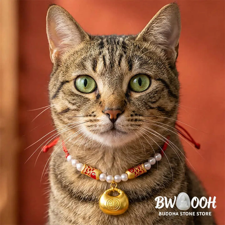 Buddha Stones Red String Plaited Koi Fish Fu Character Fortune Adjustable Cats Dogs Pet Collar - Red String / 15-25cm