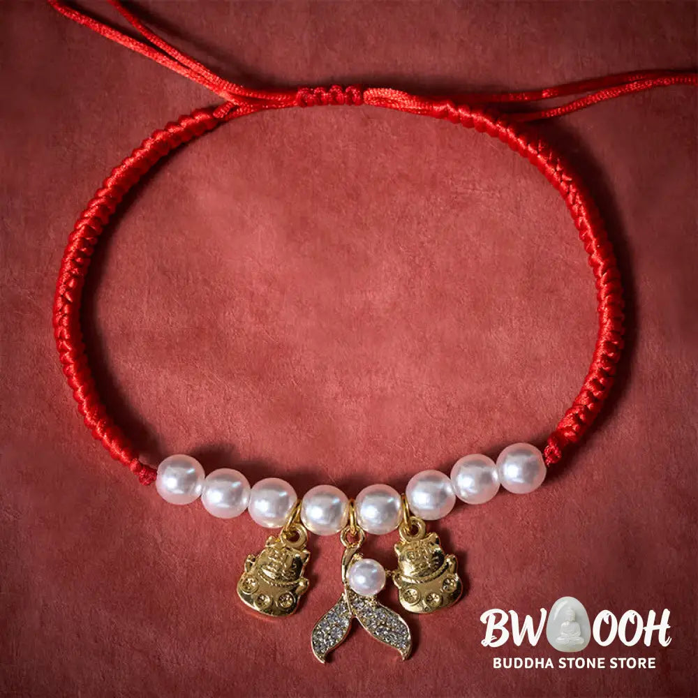 Buddha Stones Red String Plaited Pearl Fish Tail Protection Adjustable Cats Pet Collar - Red String / 15-25cm - Pet