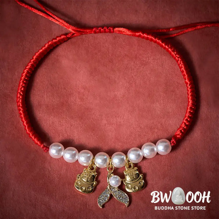 Buddha Stones Red String Plaited Pearl Fish Tail Protection Adjustable Cats Pet Collar - Red String / 15-25cm - Pet