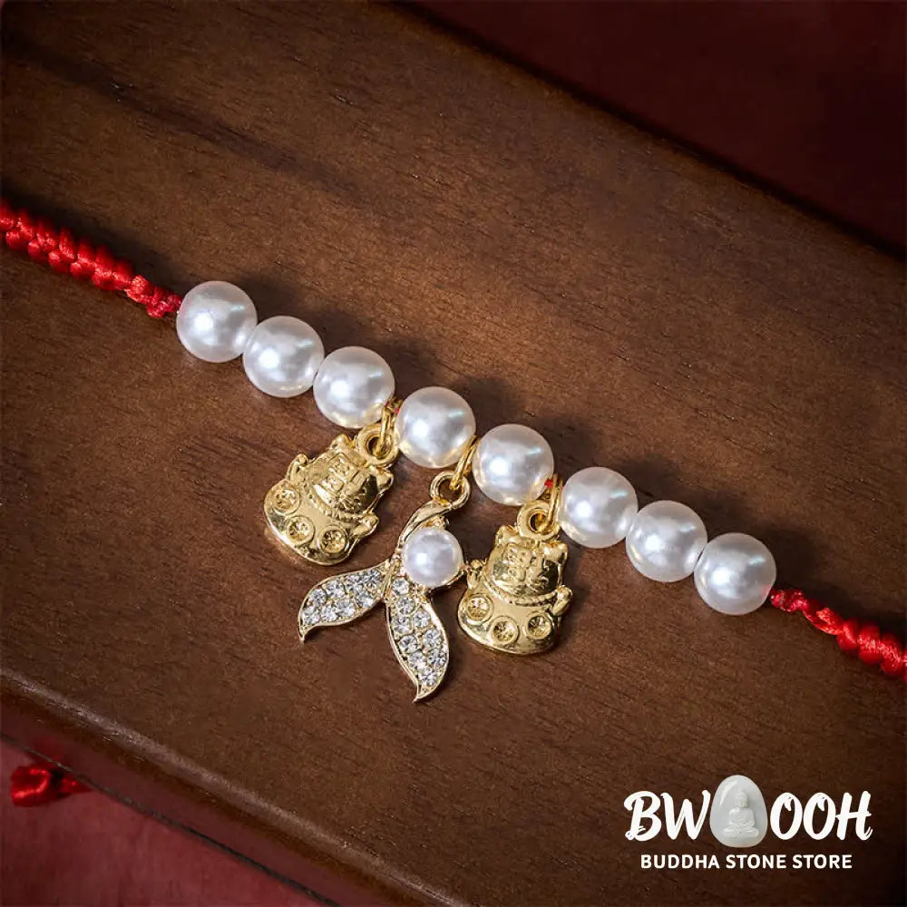 Buddha Stones Red String Plaited Pearl Fish Tail Protection Adjustable Cats Pet Collar - Red String / 15-25cm - Pet