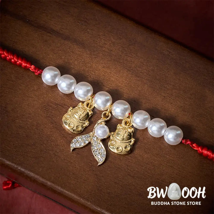 Buddha Stones Red String Plaited Pearl Fish Tail Protection Adjustable Cats Pet Collar - Red String / 15-25cm - Pet