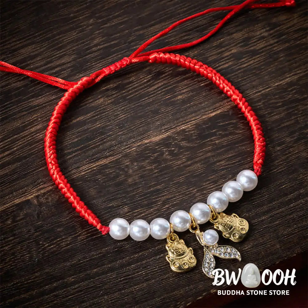 Buddha Stones Red String Plaited Pearl Fish Tail Protection Adjustable Cats Pet Collar - Red String / 15-25cm - Pet