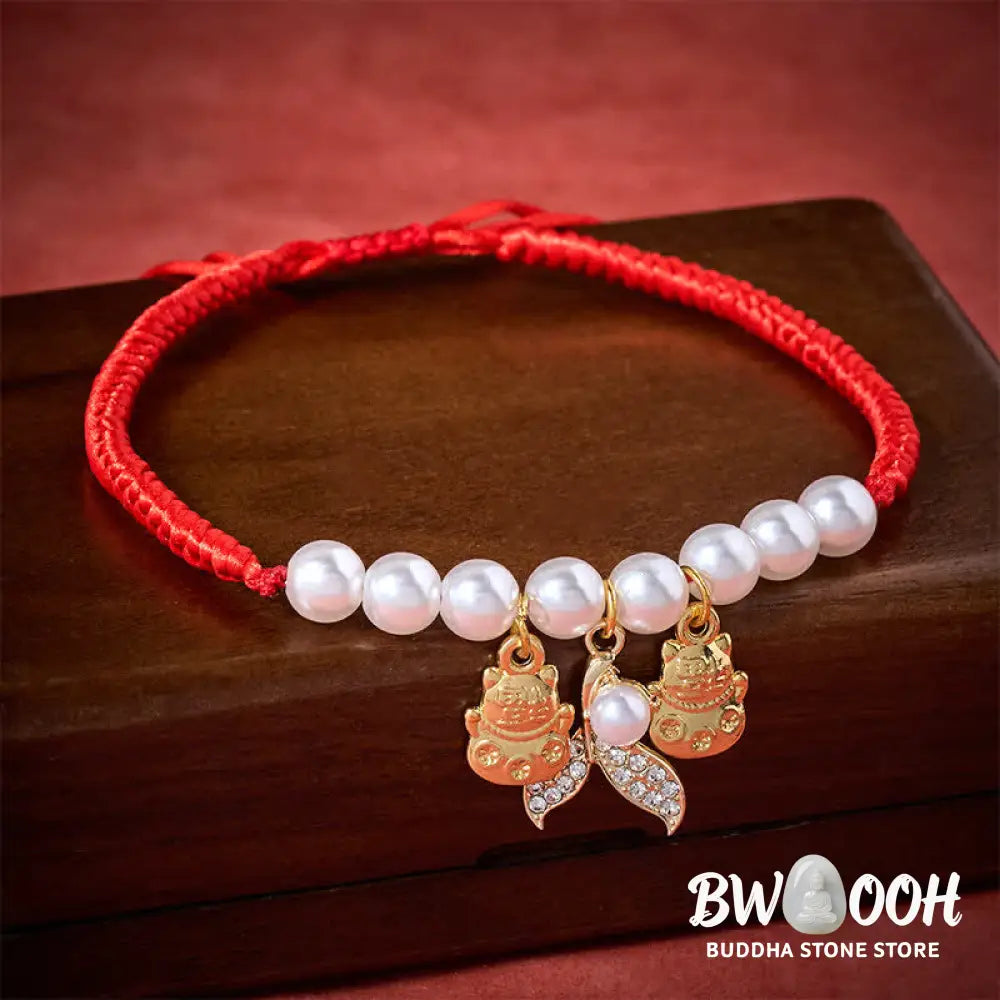 Buddha Stones Red String Plaited Pearl Fish Tail Protection Adjustable Cats Pet Collar - Red String / 15-25cm - Pet
