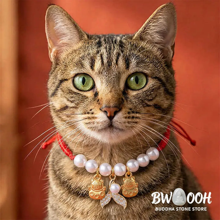 Buddha Stones Red String Plaited Pearl Fish Tail Protection Adjustable Cats Pet Collar - Red String / 15-25cm - Pet