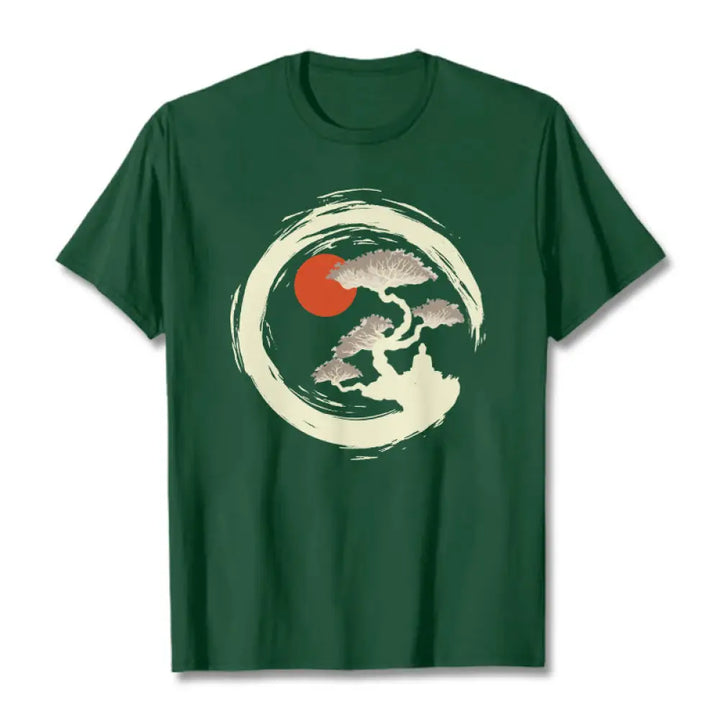 Buddha Stones Red Sun Pine Zen Circle Meditation Buddha Tee T-shirt - ForestGreen / S - T-Shirts
