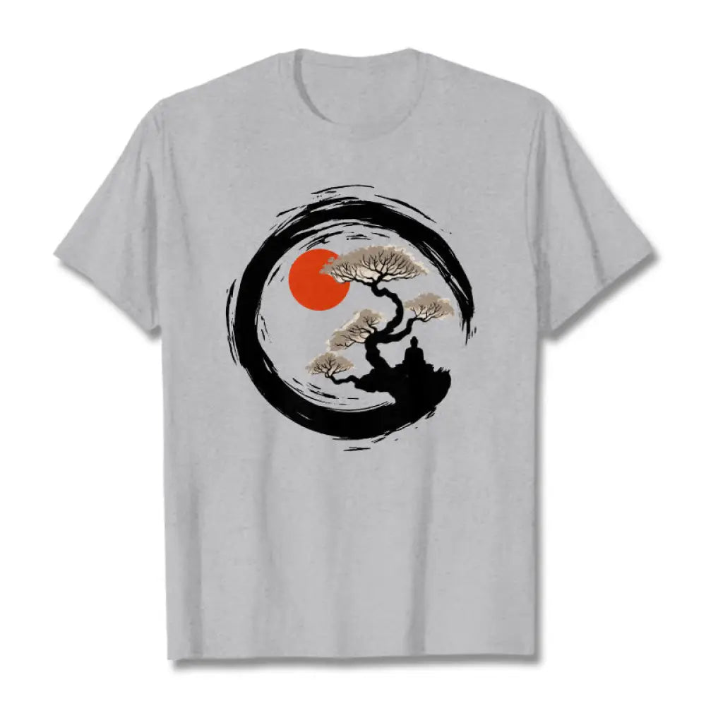Buddha Stones Red Sun Pine Zen Circle Meditation Buddha Tee T-shirt - LightGrey / S - T-Shirts