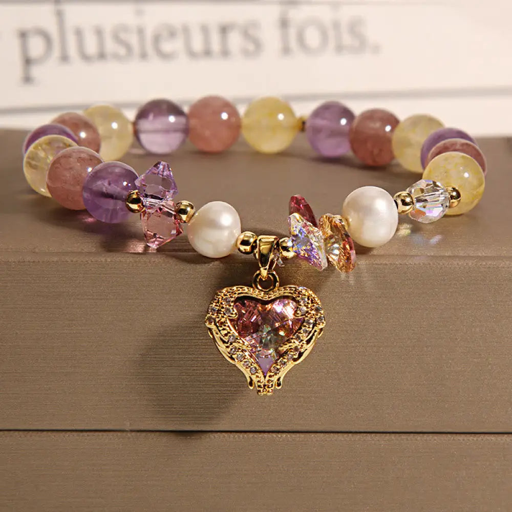 Buddha Stones Red Tiger Eye Citrine Amethyst Heart Calm Bracelet - BWOOOH - Citrine Amethyst Pearl(Wrist Circumference: