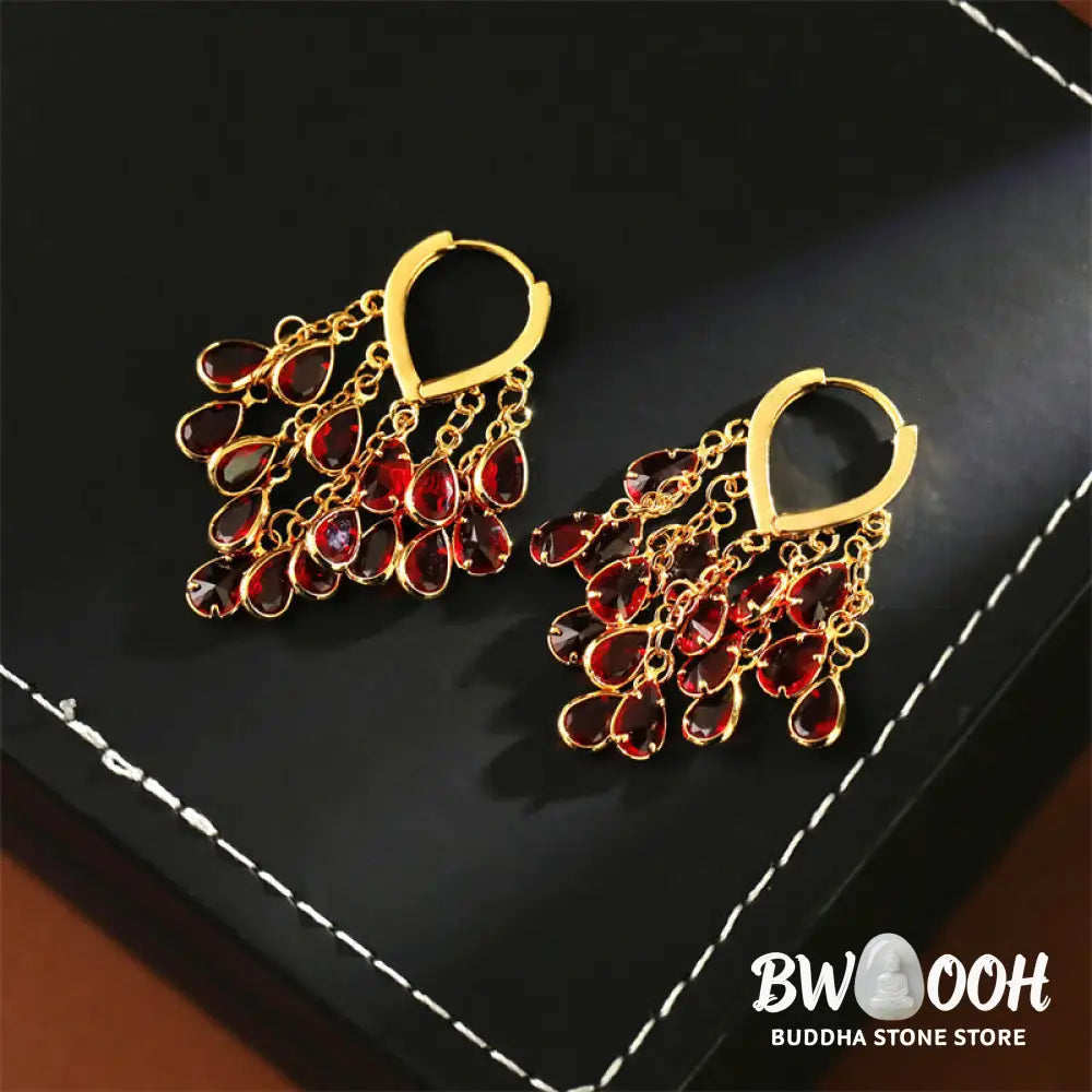 Buddha Stones Red Water Droplet Tassel Healing Copper Hoop Earrings - Water Droplet(Copper Posts) - Earrings