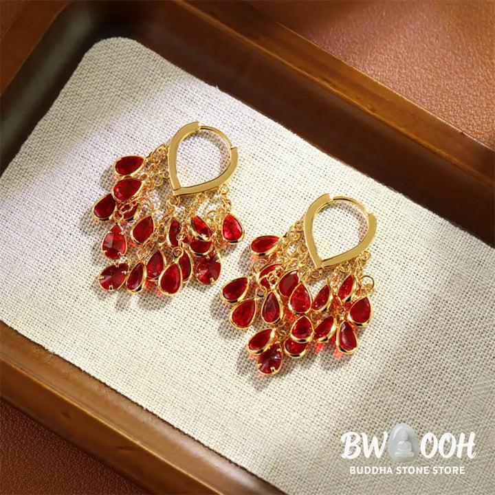 Buddha Stones Red Water Droplet Tassel Healing Copper Hoop Earrings - Water Droplet(Copper Posts) - Earrings