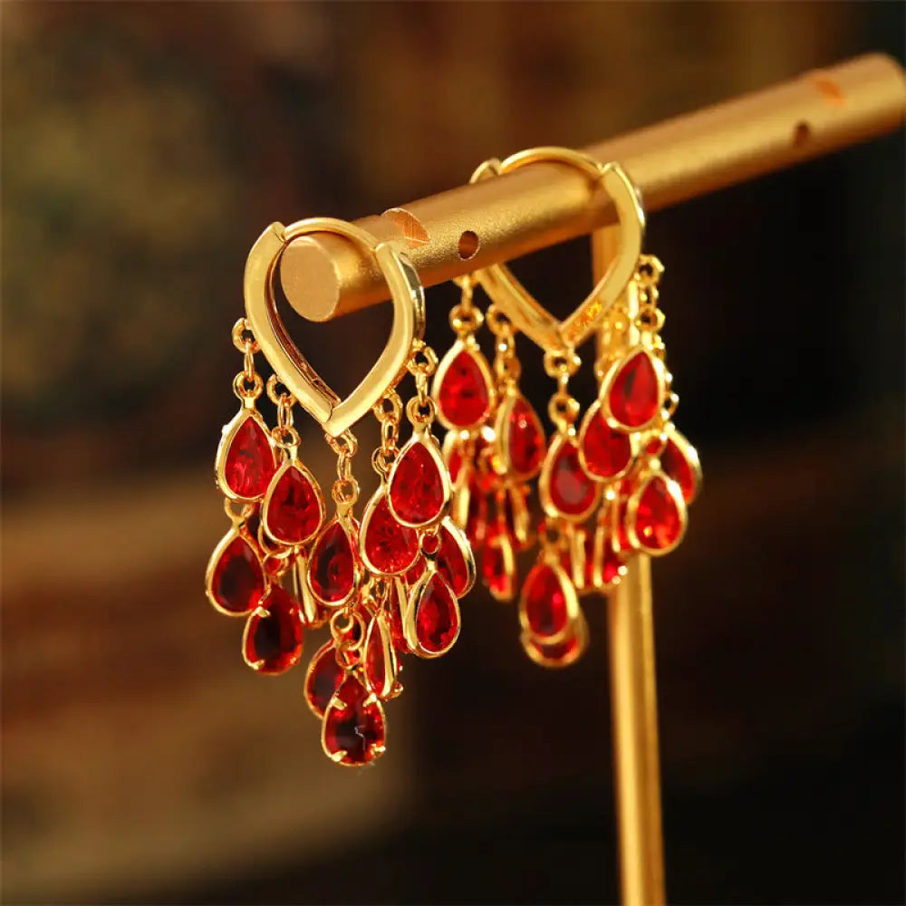 Buddha Stones Red Water Droplet Tassel Healing Copper Hoop Earrings - Water Droplet(Copper Posts) - Earrings