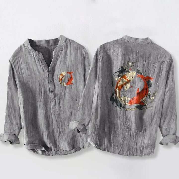 Buddha Stones Red White Koi Fish Yin Yang Pattern Half Buttons Men’s Cotton Linen Long Sleeve Shirt - Gray