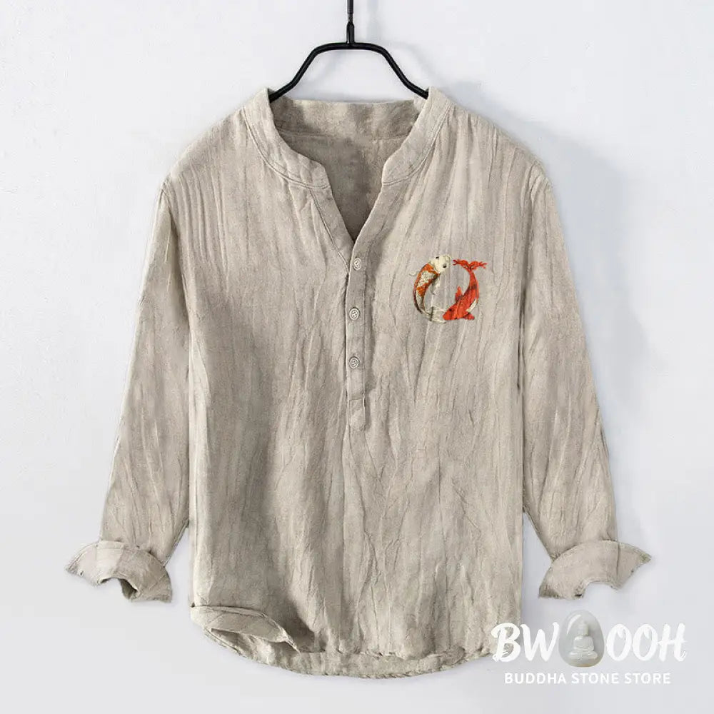 Buddha Stones Red White Koi Fish Yin Yang Pattern Half Buttons Men’s Cotton Linen Long Sleeve Shirt - Men’s Shirts