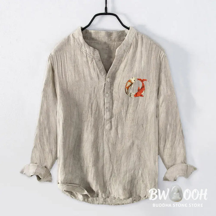Buddha Stones Red White Koi Fish Yin Yang Pattern Half Buttons Men’s Cotton Linen Long Sleeve Shirt - Men’s Shirts