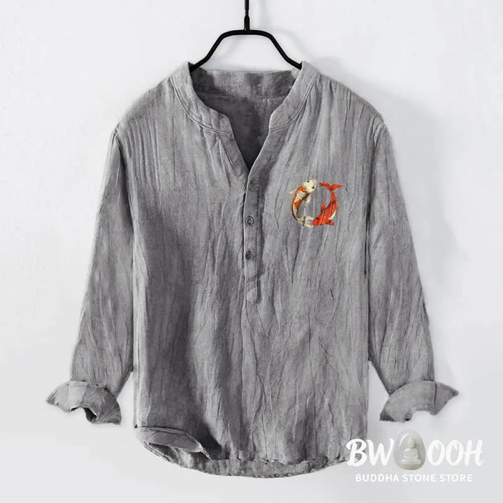 Buddha Stones Red White Koi Fish Yin Yang Pattern Half Buttons Men’s Cotton Linen Long Sleeve Shirt - Men’s Shirts