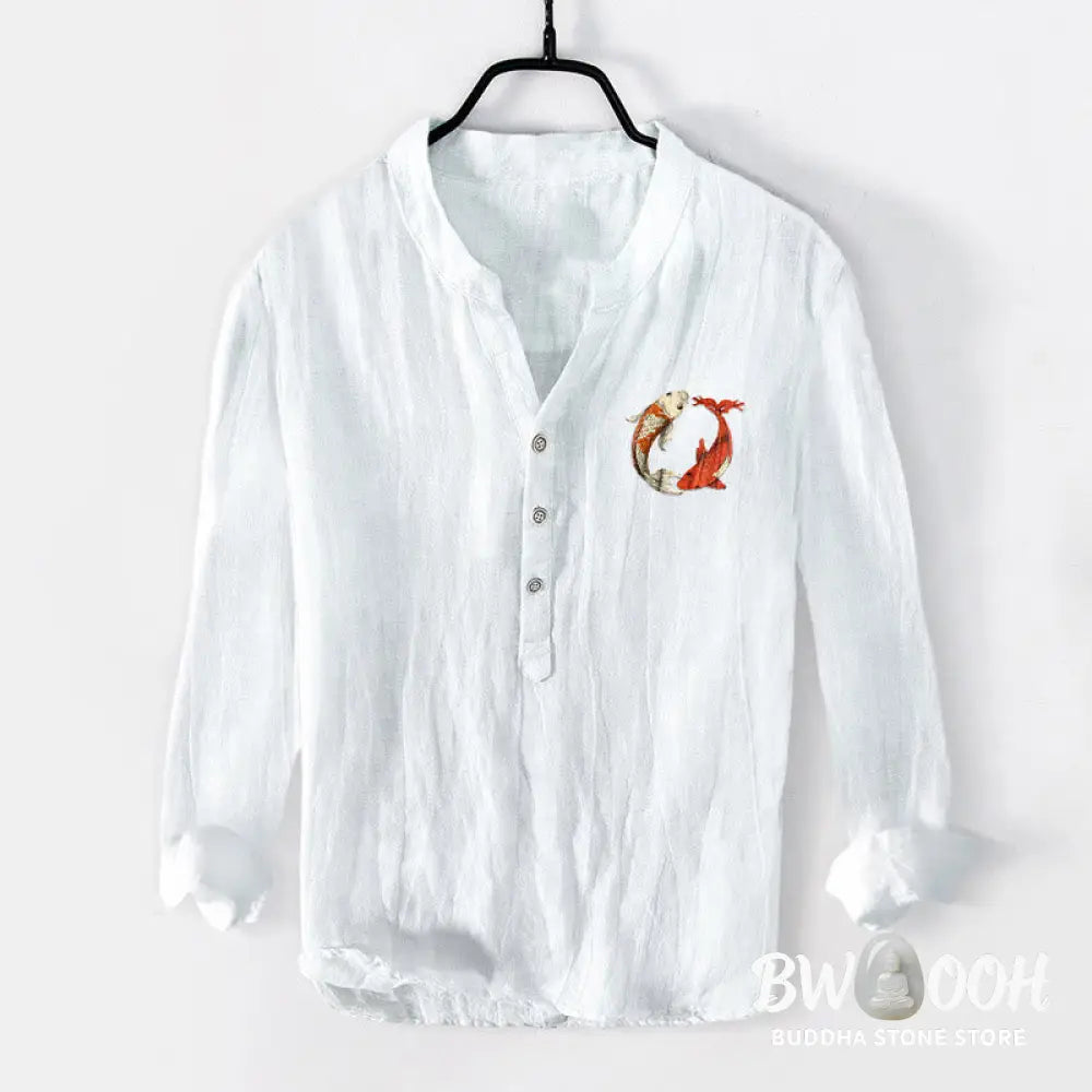 Buddha Stones Red White Koi Fish Yin Yang Pattern Half Buttons Men’s Cotton Linen Long Sleeve Shirt - Men’s Shirts