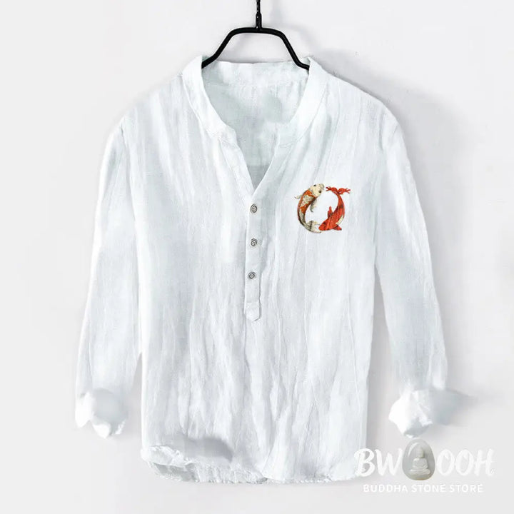 Buddha Stones Red White Koi Fish Yin Yang Pattern Half Buttons Men’s Cotton Linen Long Sleeve Shirt - Men’s Shirts