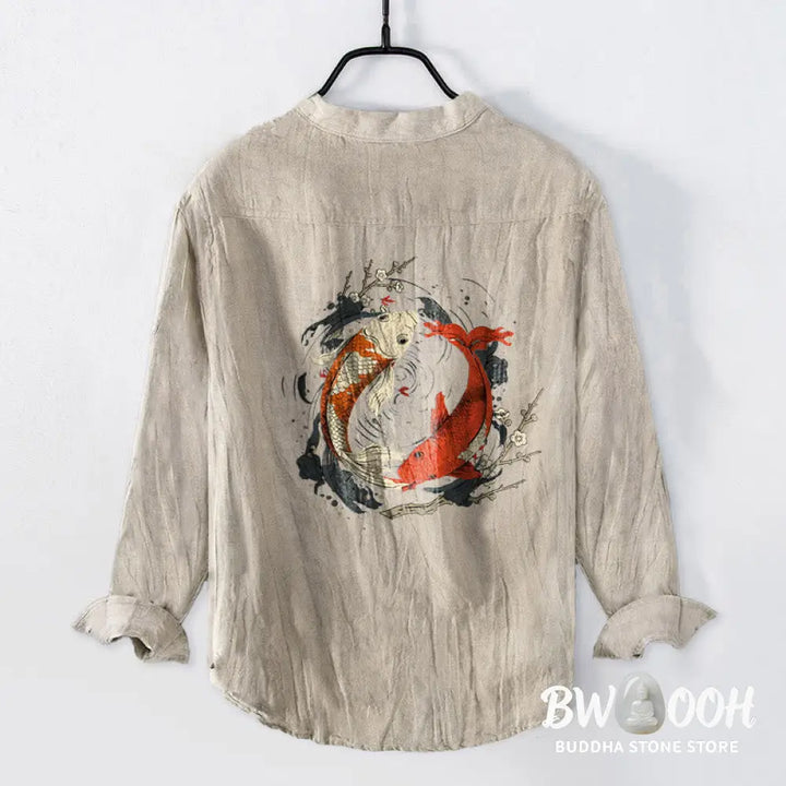 Buddha Stones Red White Koi Fish Yin Yang Pattern Half Buttons Men’s Cotton Linen Long Sleeve Shirt - Men’s Shirts