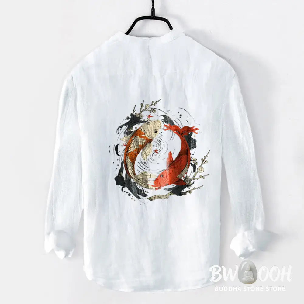 Buddha Stones Red White Koi Fish Yin Yang Pattern Half Buttons Men’s Cotton Linen Long Sleeve Shirt - Men’s Shirts
