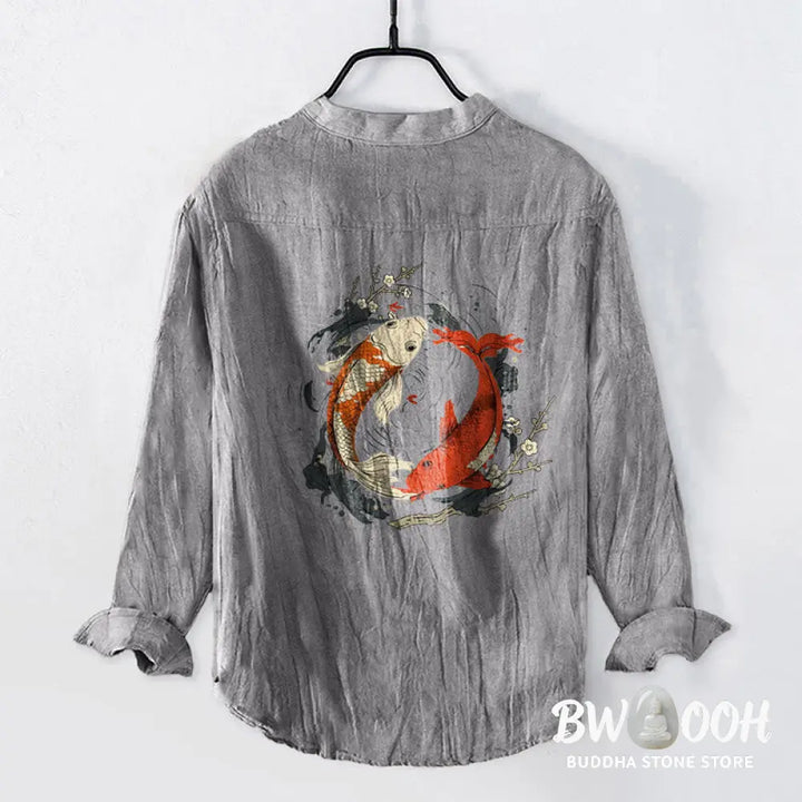 Buddha Stones Red White Koi Fish Yin Yang Pattern Half Buttons Men’s Cotton Linen Long Sleeve Shirt - Men’s Shirts