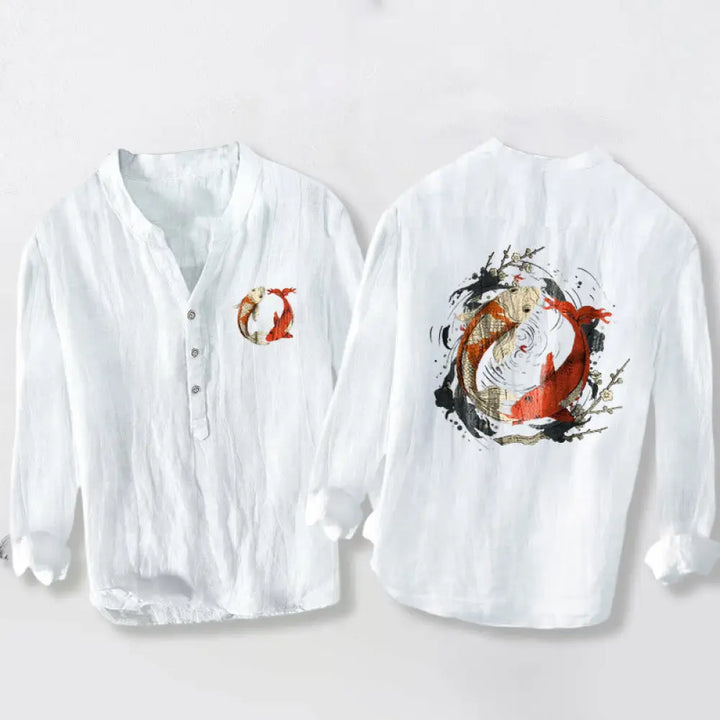 Buddha Stones Red White Koi Fish Yin Yang Pattern Half Buttons Men’s Cotton Linen Long Sleeve Shirt - White