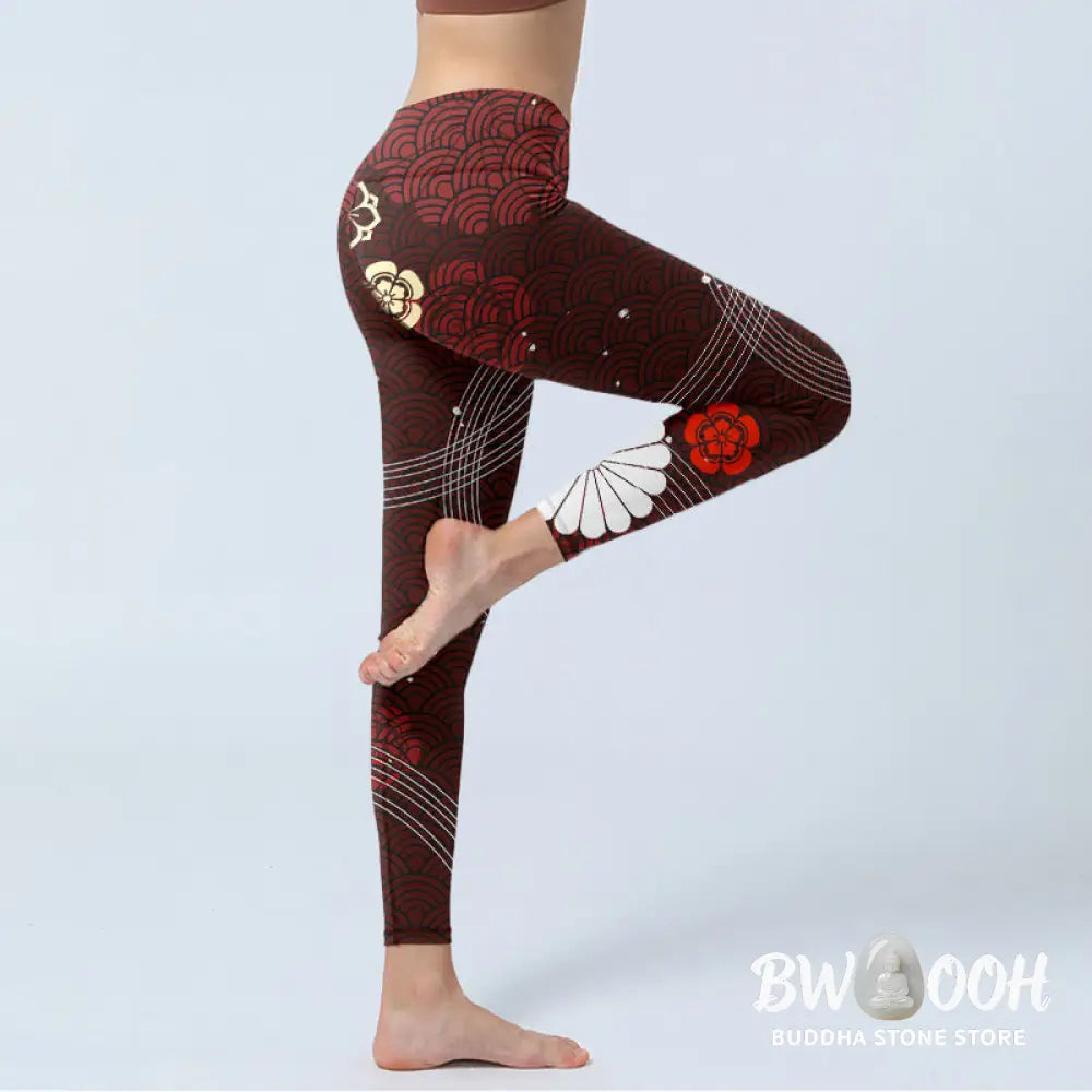 BWOOOH printed yoga leggings - Reddish-brown Floral Fan-shaped Wave Pri