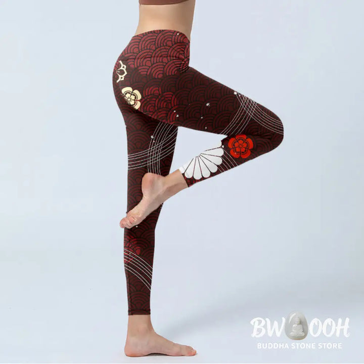 BWOOOH printed yoga leggings - Reddish-brown Floral Fan-shaped Wave Pri