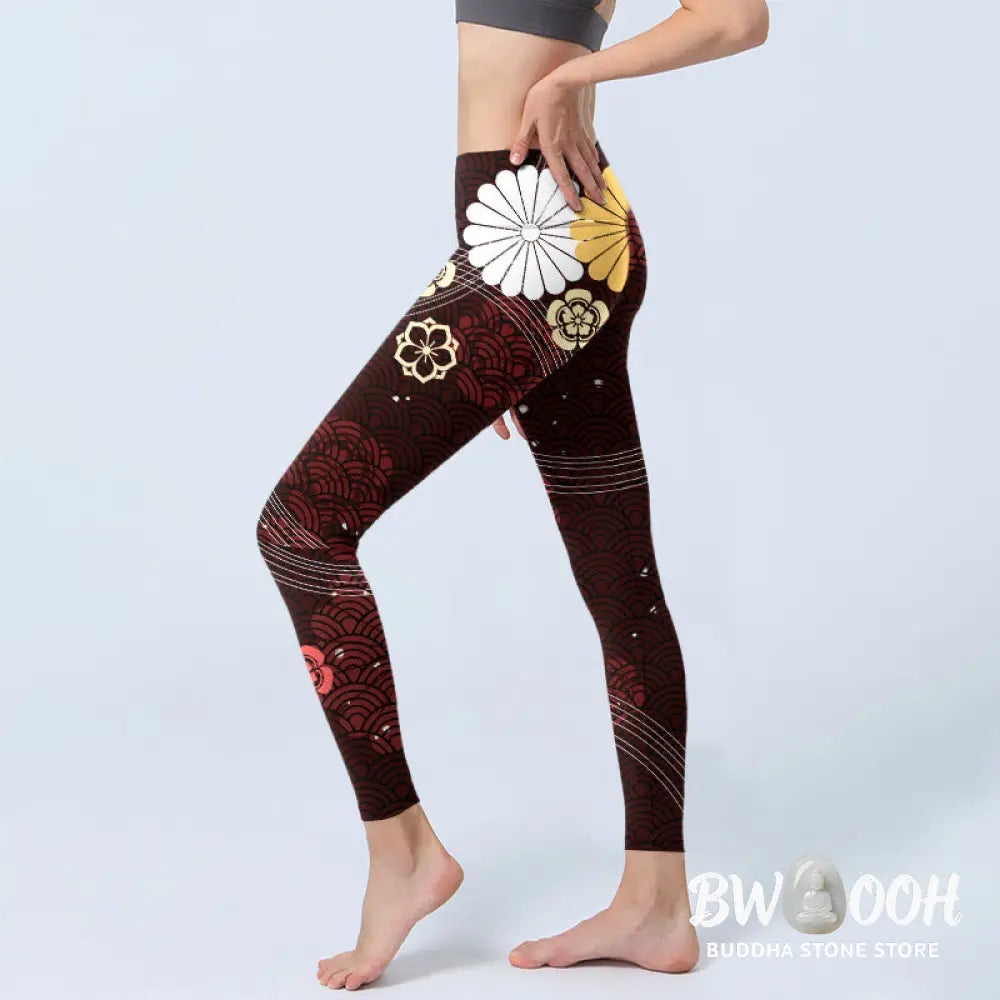 BWOOOH printed yoga leggings - Reddish-brown Floral Fan-shaped Wave Pri