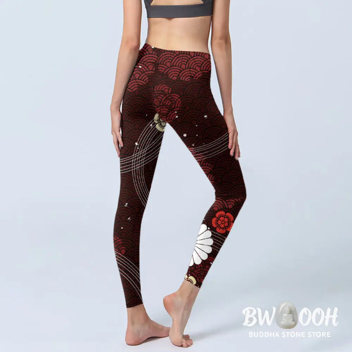 BWOOOH printed yoga leggings - Reddish-brown Floral Fan-shaped Wave Pri