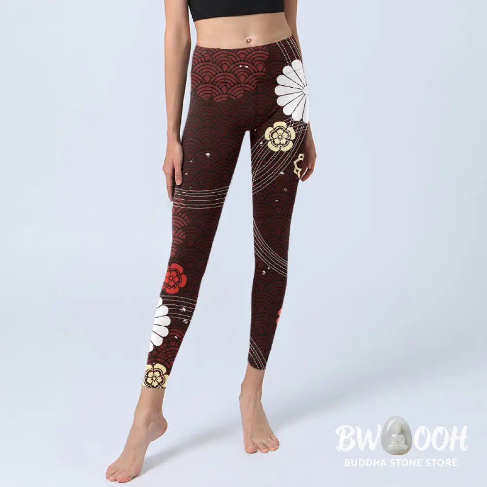 BWOOOH printed yoga leggings - Reddish-brown Floral Fan-shaped Wave Pri