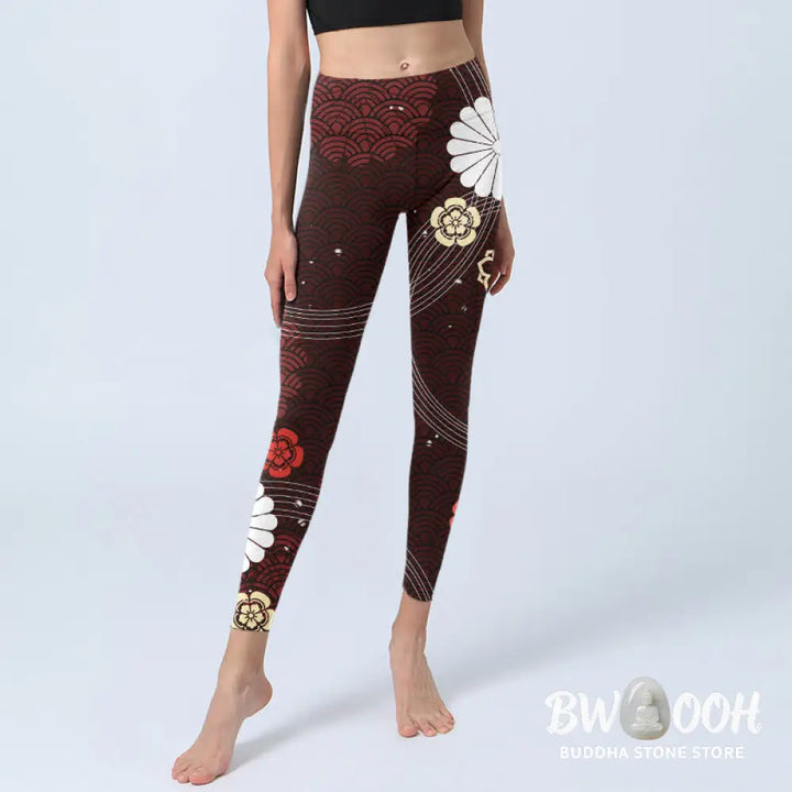 BWOOOH printed yoga leggings - Reddish-brown Floral Fan-shaped Wave Pri