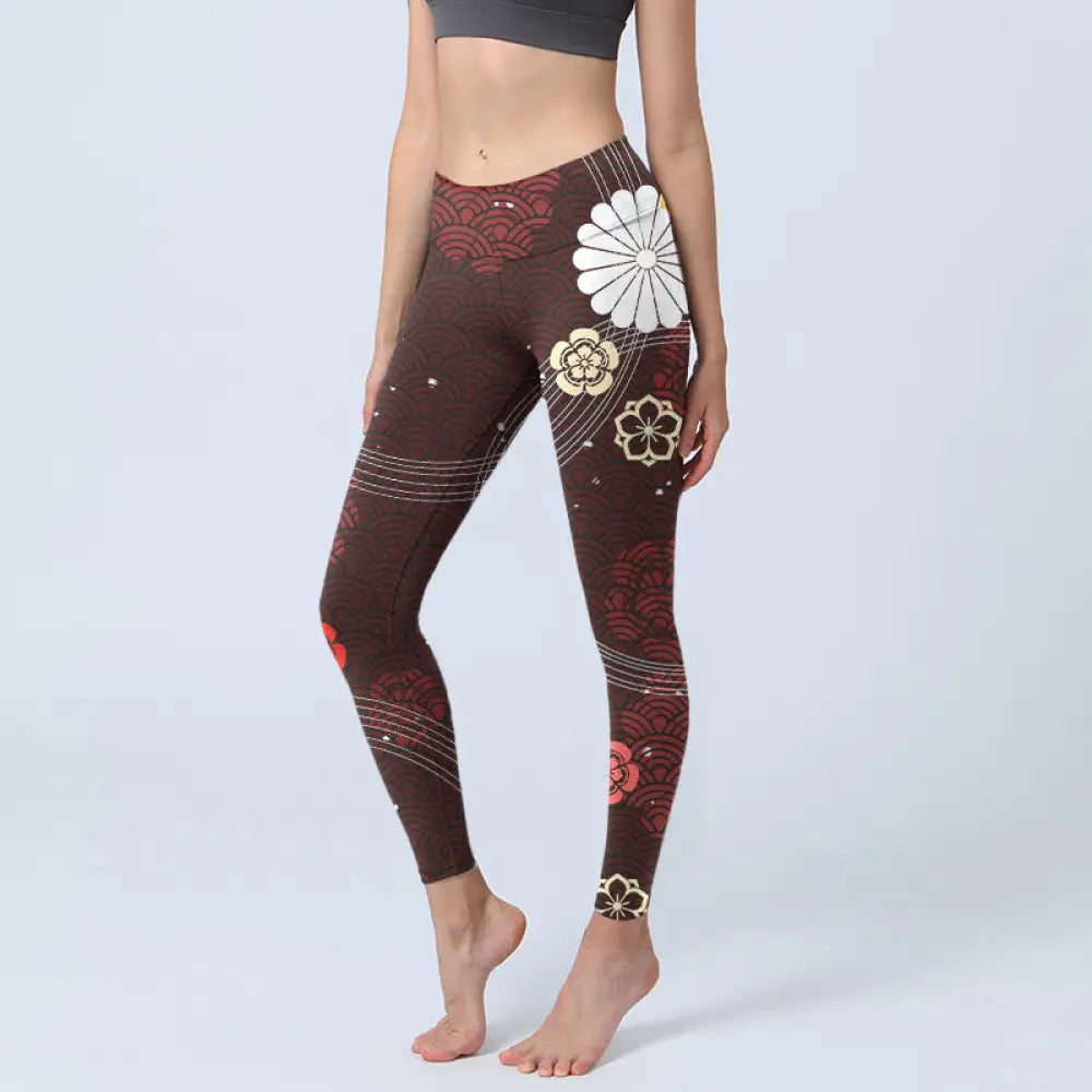 BWOOOH printed yoga leggings - Reddish-brown Floral Fan-shaped Wave Pri