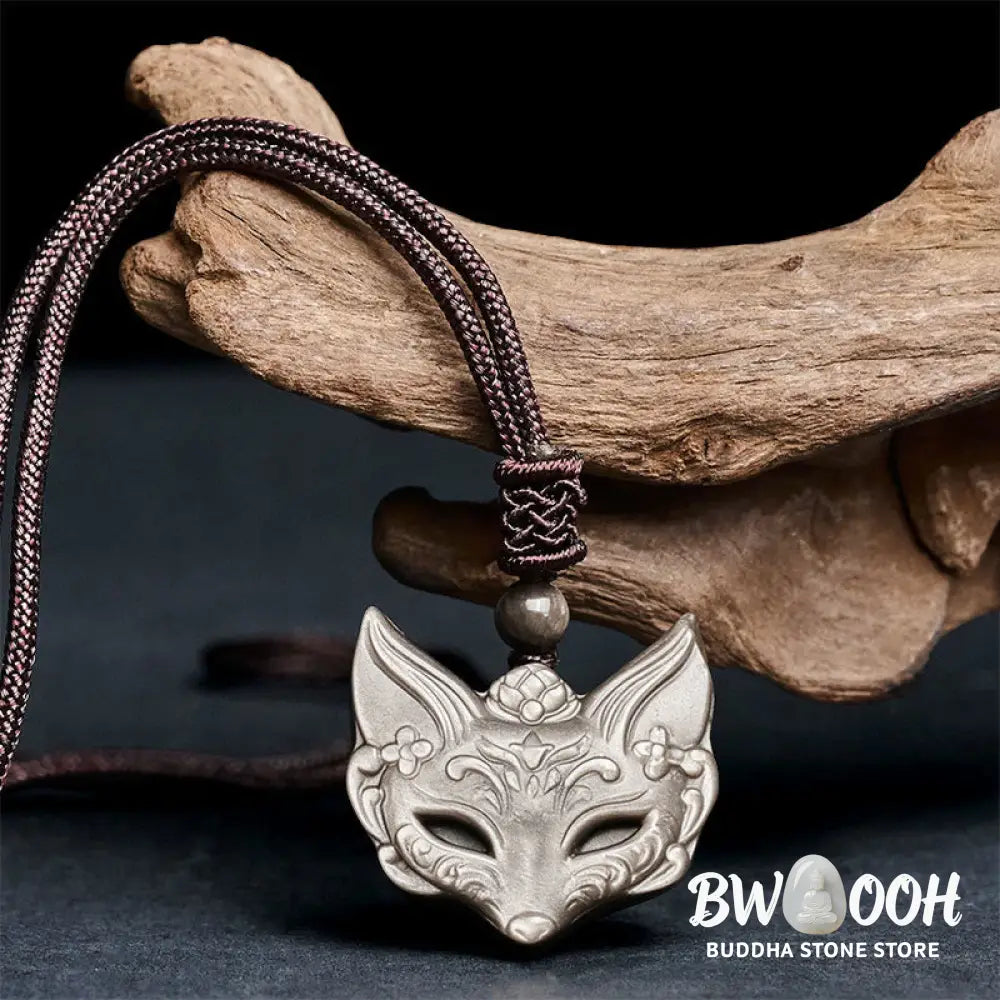 Buddha Stones Relief Fox Design Silver Sheen Obsidian Ice Obsidian Protection Necklace Pendant - BWOOOH - Necklaces &amp;