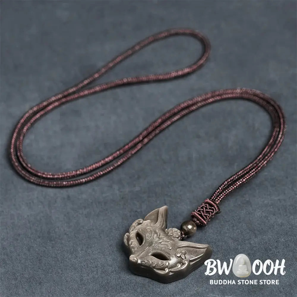 Buddha Stones Relief Fox Design Silver Sheen Obsidian Ice Obsidian Protection Necklace Pendant - BWOOOH - Necklaces &amp;