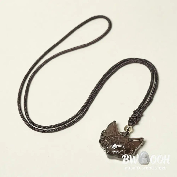 Buddha Stones Relief Fox Design Silver Sheen Obsidian Ice Obsidian Protection Necklace Pendant - BWOOOH - Necklaces &amp;