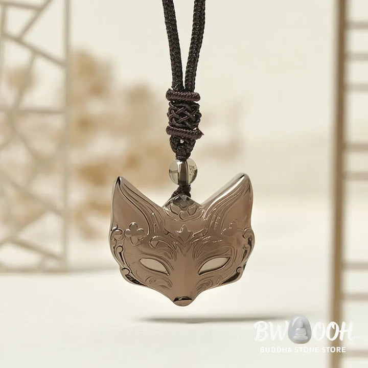 Buddha Stones Relief Fox Design Silver Sheen Obsidian Ice Obsidian Protection Necklace Pendant - BWOOOH - Necklaces &amp;