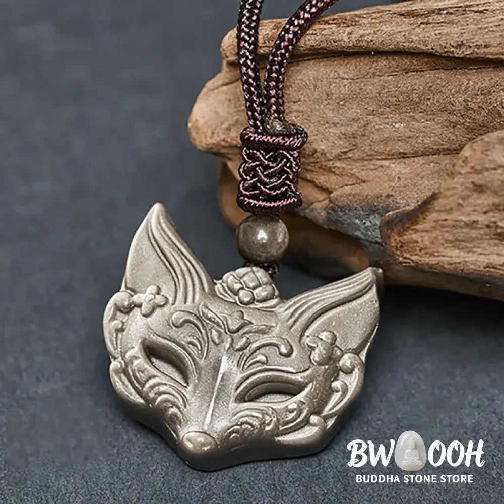 Buddha Stones Relief Fox Design Silver Sheen Obsidian Ice Obsidian Protection Necklace Pendant - BWOOOH - Necklaces &