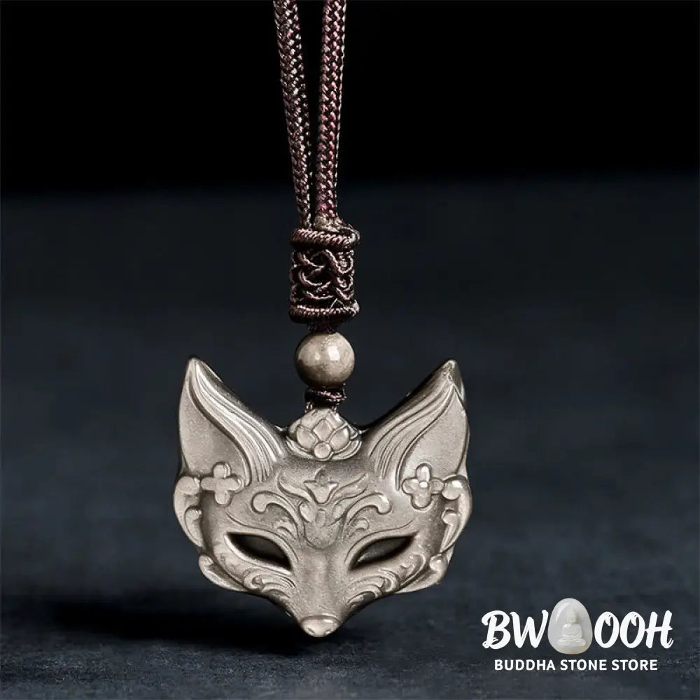 Buddha Stones Relief Fox Design Silver Sheen Obsidian Ice Obsidian Protection Necklace Pendant - BWOOOH - Necklaces &amp;