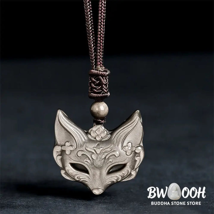 Buddha Stones Relief Fox Design Silver Sheen Obsidian Ice Obsidian Protection Necklace Pendant - BWOOOH - Necklaces &amp;