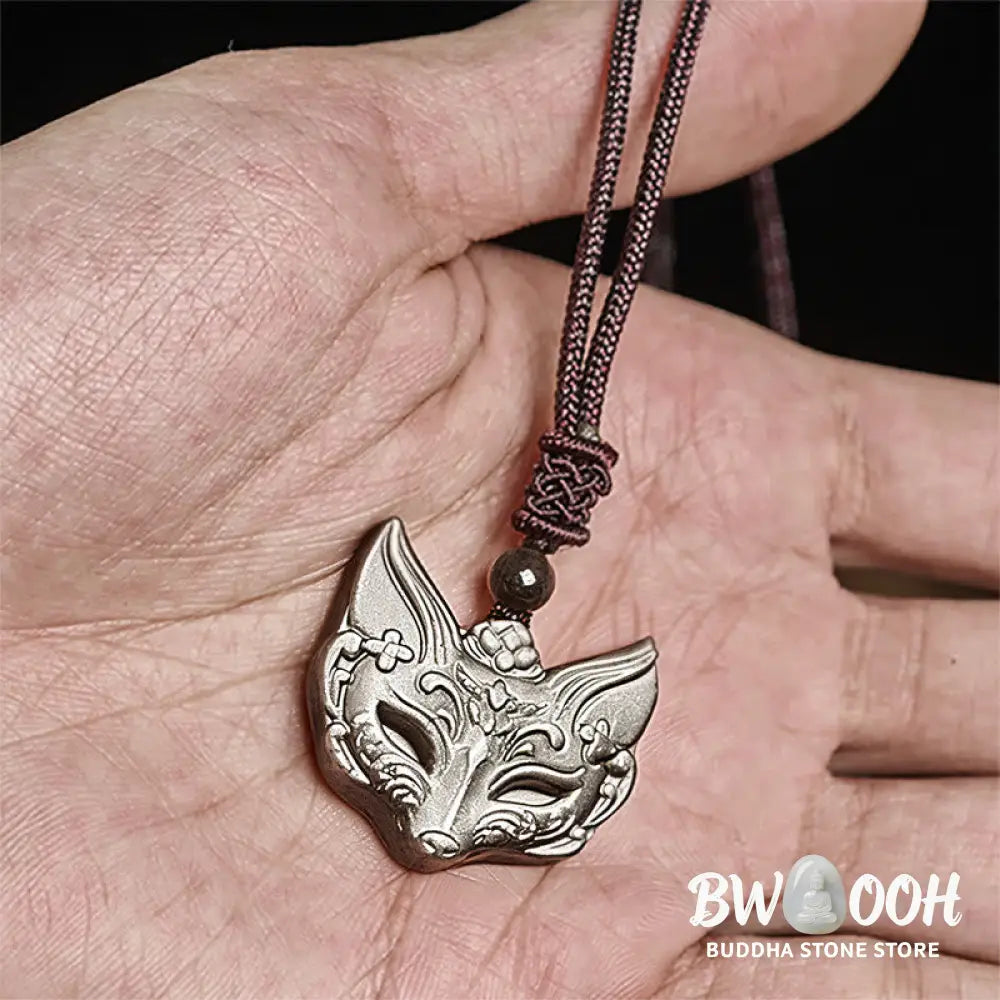 Buddha Stones Relief Fox Design Silver Sheen Obsidian Ice Obsidian Protection Necklace Pendant - BWOOOH - Necklaces &amp;