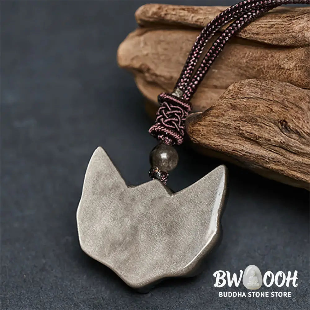 Buddha Stones Relief Fox Design Silver Sheen Obsidian Ice Obsidian Protection Necklace Pendant - BWOOOH - Necklaces &amp;